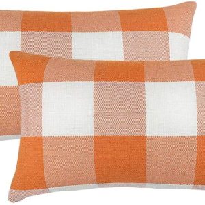 Set of 2 Farmhouse Buffalo Check Plaid Throw Pillow Covers Cushion Case Polyester Linen for Fall Home Decor Orange and White, 12 x 20 Inches