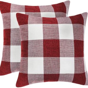 4TH Emotion Set of 2 Farmhouse Buffalo Check Plaid Throw Pillow Covers Cushion Case Polyester Linen for Christmas Home Decor Red and White, 16 x 16 Inches