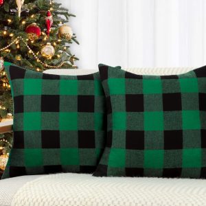 4TH Emotion Set of 2 Christmas Buffalo Check Plaid Throw Pillow Covers Cushion Case Polyester for Farmhouse Home Decor Green and Black, 24 x 24 Inches