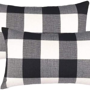 4TH Emotion Set of 2 Farmhouse Buffalo Check Plaid Throw Pillow Covers Cushion Case Polyester Linen for Fall Home Decor Black and White, 12 x 20 Inches