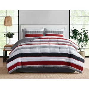 Mainstays Red and Gray Stripe 8 Piece Bed in a Bag Comforter Set W/ Sheets,KING