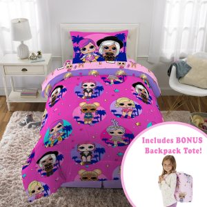 Kids TWIN Bed in a Bag, Comforter Sheet Set and Bonus Tote, Pink and Purple