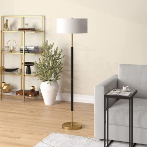 Henn&Hart 2-Light Floor Lamp with Fabric Shade in Matte Black/Brass/White, Floor Lamp for Home Office, Bedroom, Living Room