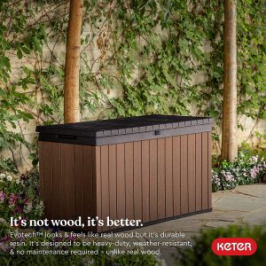 Keter Darwin 150 Gallon Resin Large Deck Box – Organization and Storage for Patio Furniture, Outdoor Cushions, Garden Tools and Pool Toys, Brown & Black