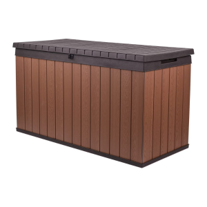 Keter Darwin 150 Gallon Resin Large Deck Box – Organization and Storage for Patio Furniture, Outdoor Cushions, Garden Tools and Pool Toys, Brown & Black