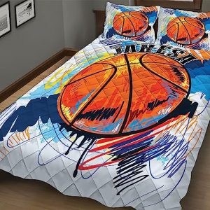 ENCYCOM Colorful Basketball Ball Quilt Birthday Gift Boys Quilt Sets Quilt King Queen Twin Throw All Season, Basketball Room Decor for Boys, Basketball Fan Gift Decorations for Boys Room