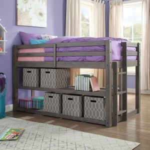Kids Solid Gray Wood Loft Twin Bunk Bed Frame with Under Bed Storage Shelves
