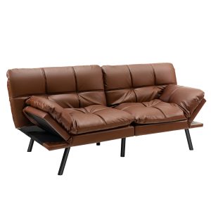 Convertible Futon Sofa Bed Memory Foam Couch Sleeper w/ Adjustable Armrest Brown