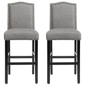 Set of 2 Bar Stools 30″ Upholstered Kitchen Breakfast Nailhead Bar Chairs Gray