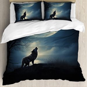 Wolf Duvet Cover Twin Size – Wolf Howling at The Moon Bedding Sets, Wolf Bed Frame for Boys Girls Adults, Wolf Decor Bedding for All Seasons, Wolf Bedspread Set Gifts for Dads Husbands Wolf Lover