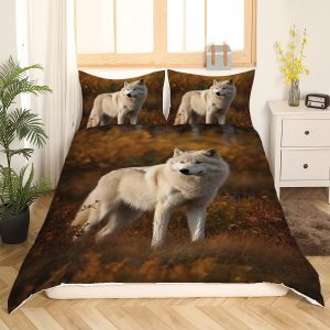 Wolf Pattern Bedding Decor – Cute Wolf Standing on The Meadow Bed Set, Animal Wolves Printed Quilt Bedspread, Wolf Theme Bed Set, Black Wolf Bedding King 3pcs, Wolf Pattern Quilt Blanket